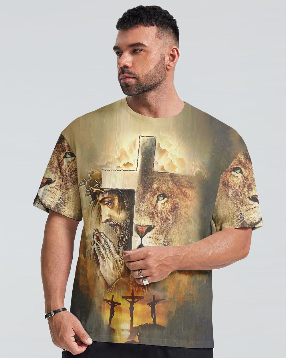 Faith Lion Jesus Cross Men's Christian Tshirt