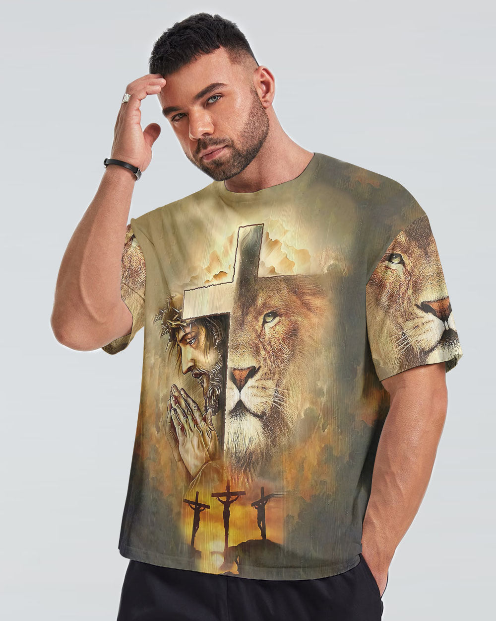 Faith Lion Jesus Cross Men's Christian Tshirt