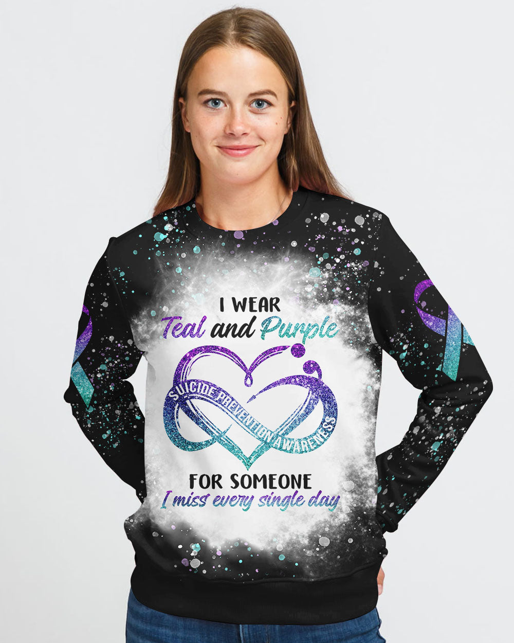 I Wear Teal And Purple Infinity Heart Bleached Women's Suicide Prevention Awareness Sweatshirt