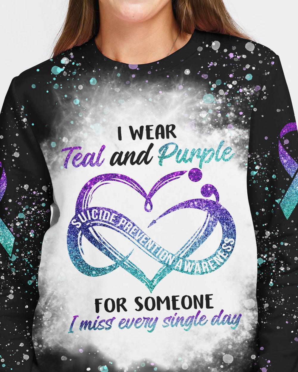 I Wear Teal And Purple Infinity Heart Bleached Women's Suicide Prevention Awareness Sweatshirt
