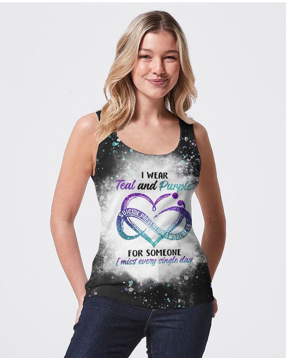 I Wear Teal And Purple Infinity Heart Bleached Women's Suicide Prevention Awareness Tanks