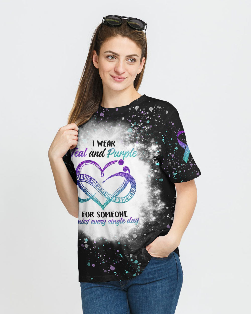 I Wear Teal And Purple Infinity Heart Bleached Women's Suicide Prevention Awareness Tshirt