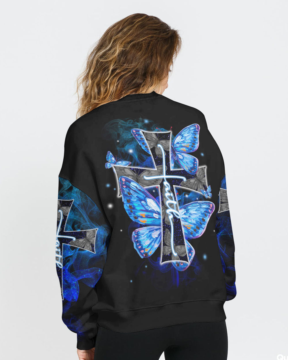 Faith Cross Blue Butterfly Smoke Women's Christian Sweatshirt