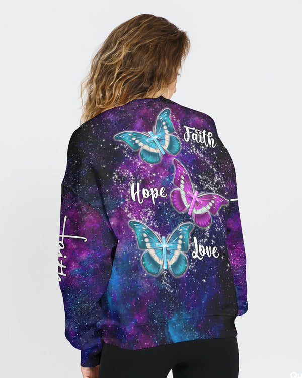 Faith Hope Love Galaxy Butterfly Cross Women's Christian Sweatshirt