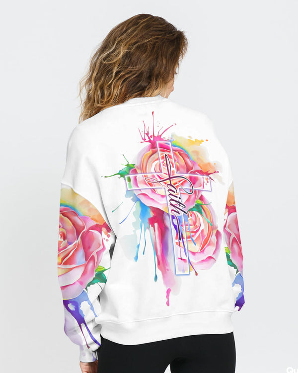 Faith Cross Colorful Rose Watercolor Women's Christian Sweatshirt