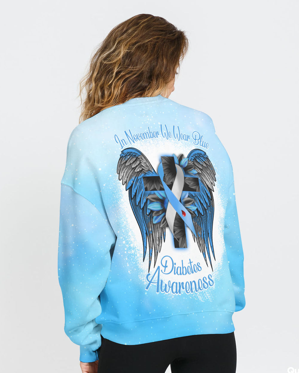 In November We Wear Blue Wings Sunflower Cross Bleached Women's Diabetes Awareness Sweatshirt
