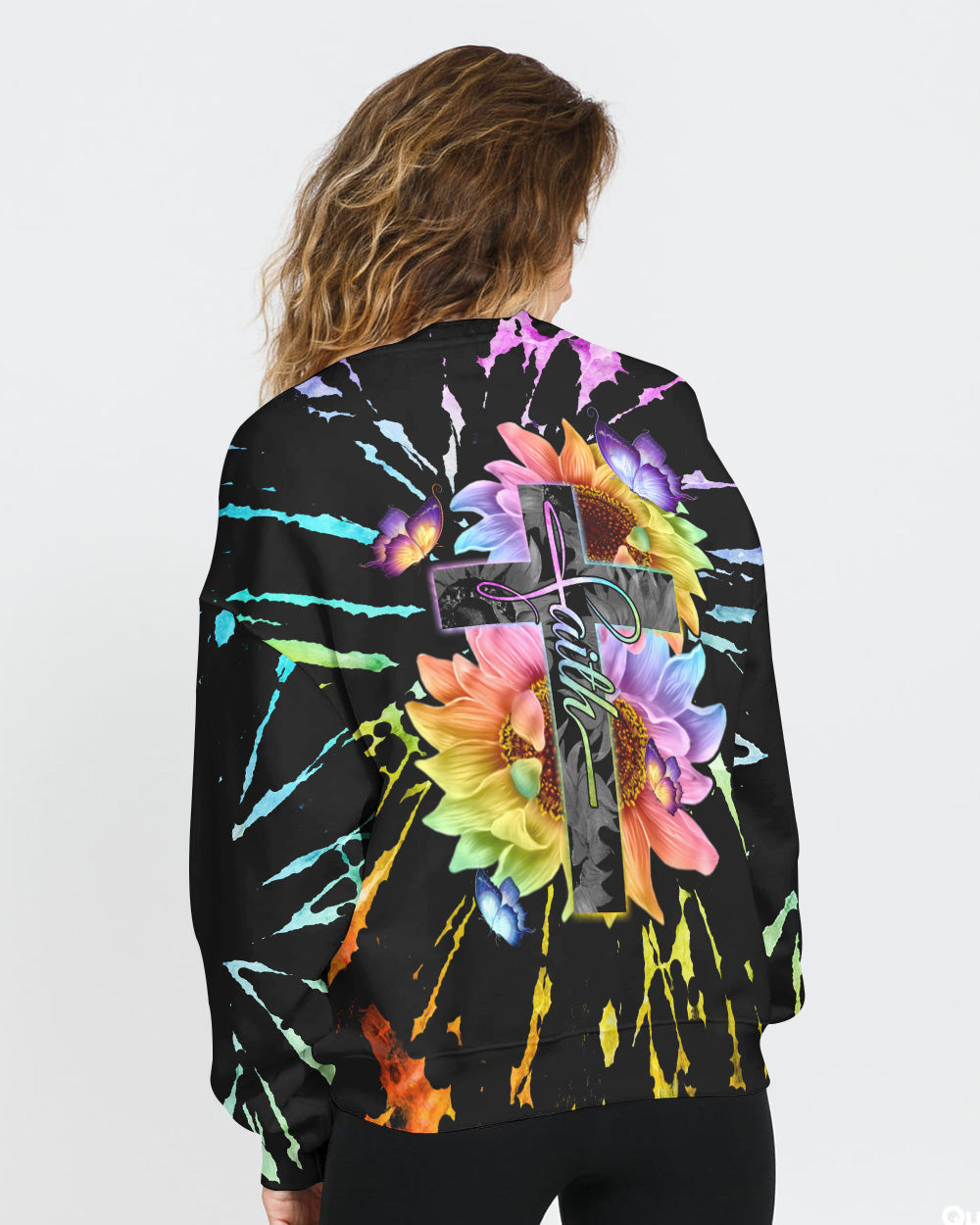 Faith Cross Rainbow Sunflower Tie Dye Women's Christian Sweatshirt