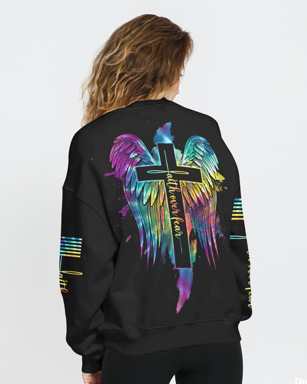 Faith Over Fear Wings Colorful Cross Light Women's Christian Sweatshirt