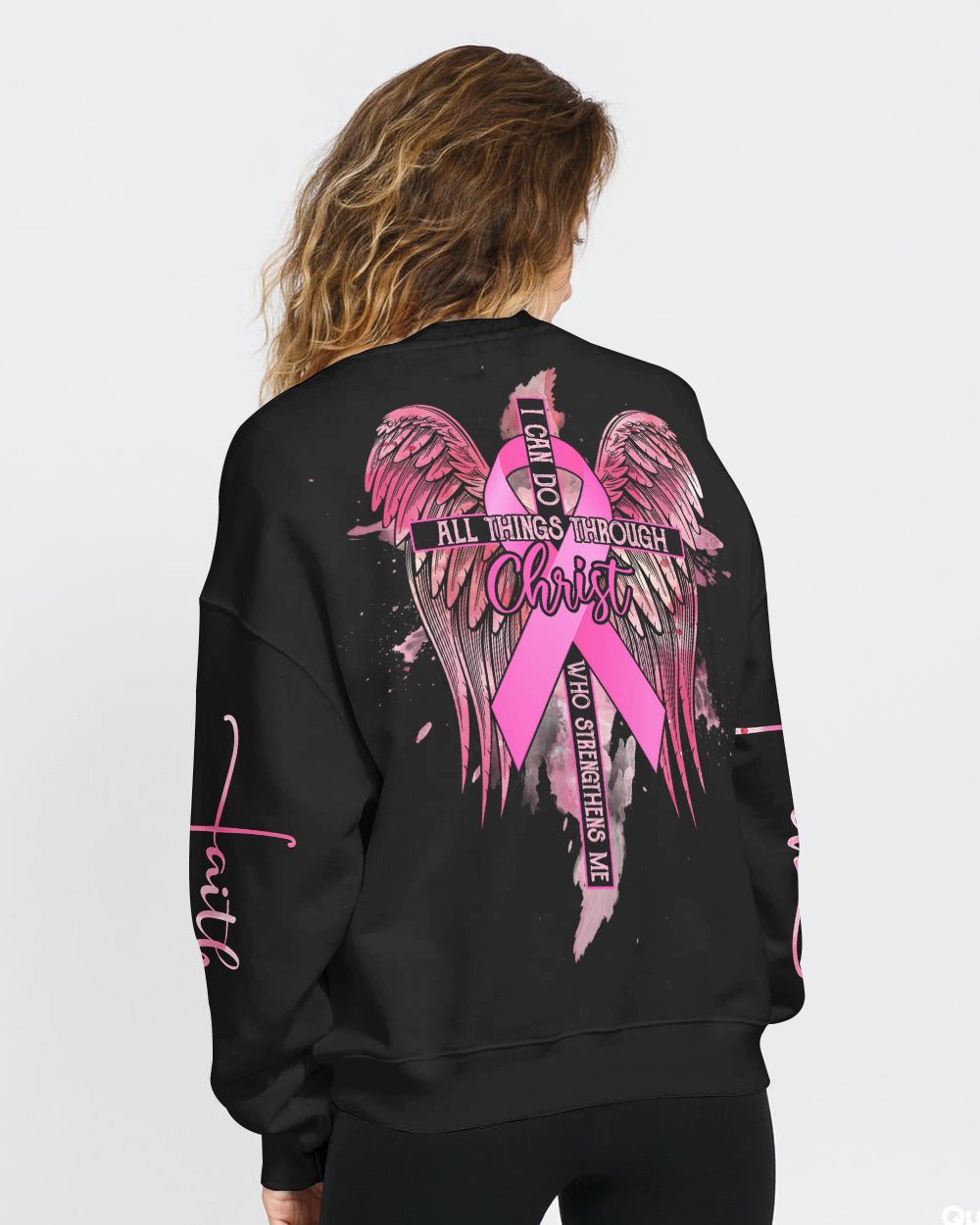 I Can Do All Things Through Christ Pink Wings Cross Ribbon Women's Breast Cancer Awareness Sweatshirt