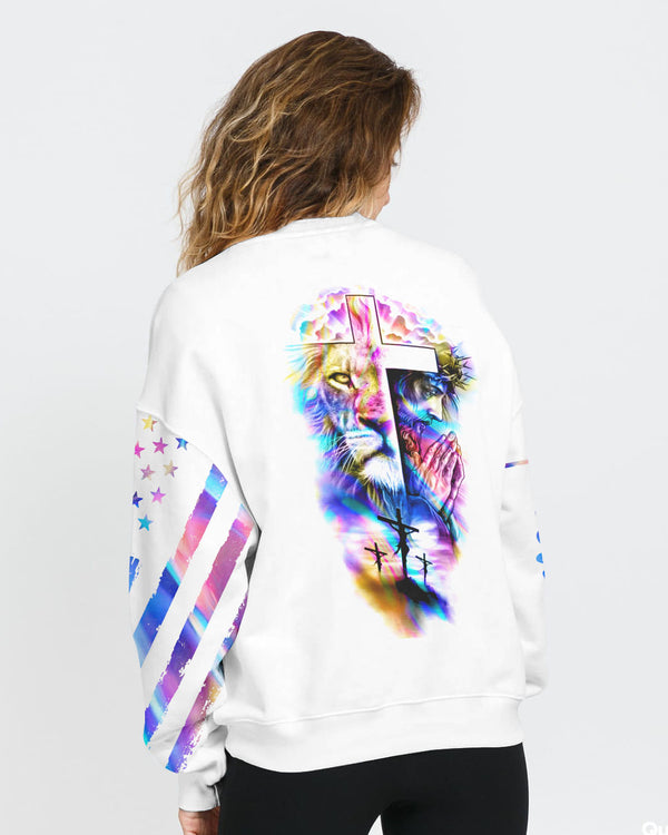 Jesus Lion Cross Colorful Flag Women's Christian Sweatshirt