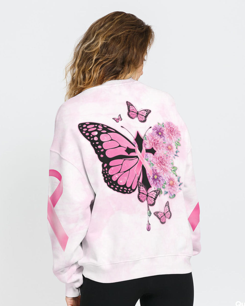 Butterfly Flower Cross Ribbon Women's Breast Cancer Awareness Sweatshirt