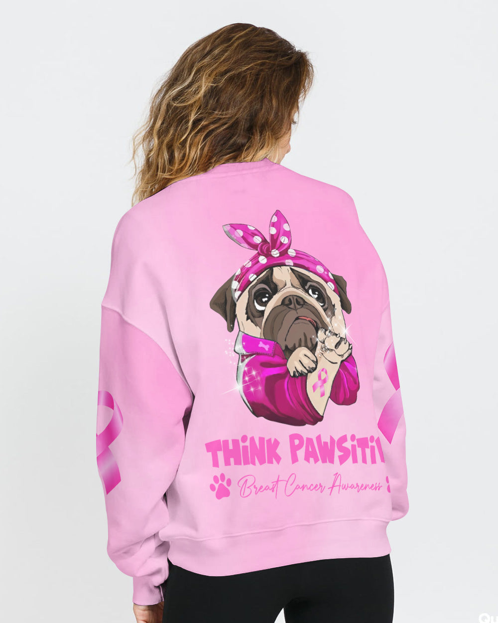 Think Pawsitive Pink Headband PullDog Women's Breast Cancer Awareness Sweatshirt