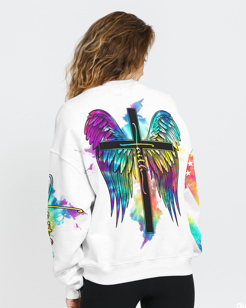 White Faith Cross Wings Colorful Watercolor Women's Christian Sweatshirt