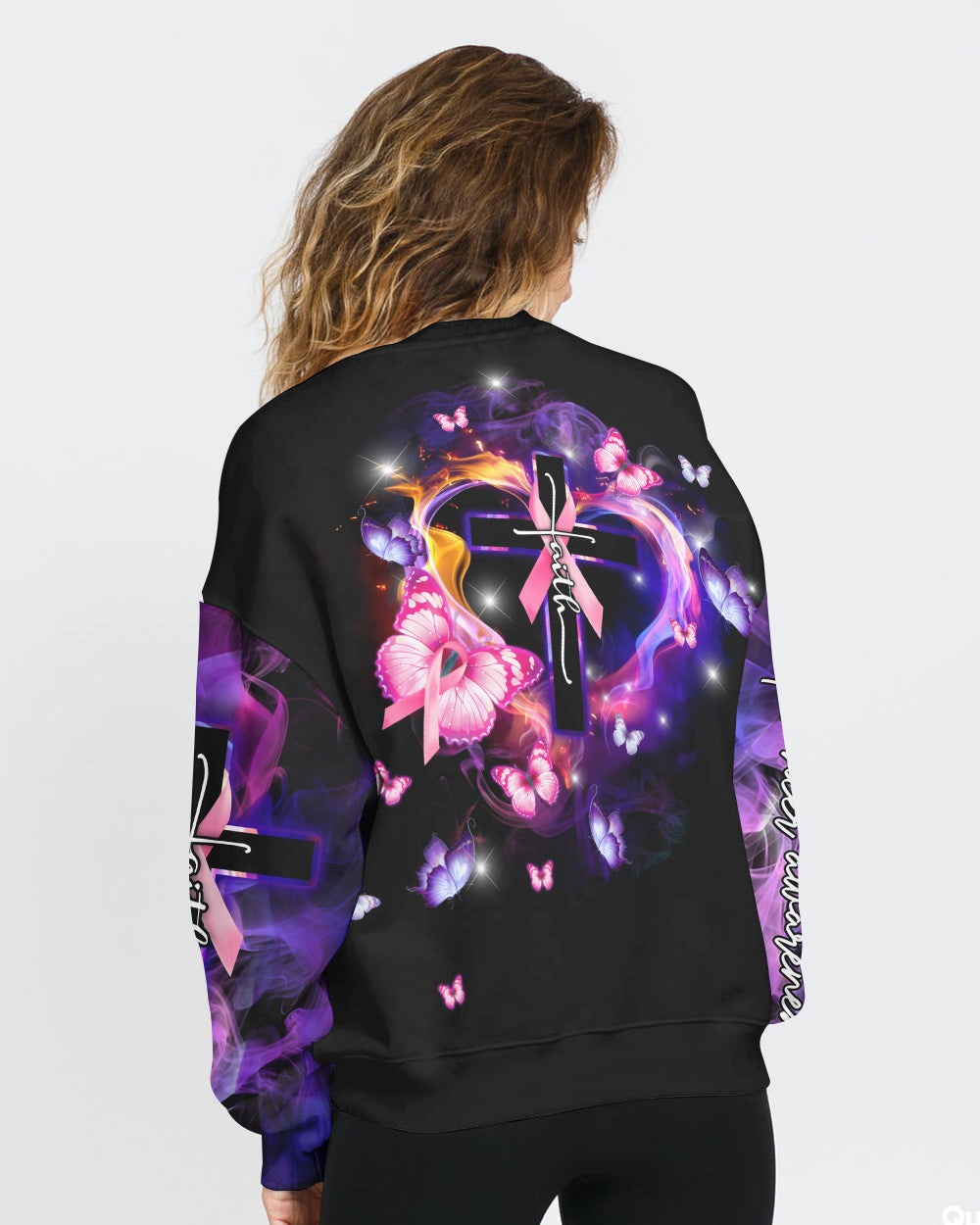 Faith Fire Heart Butterfly Smoke Women's Breast Cancer Awareness Sweatshirt