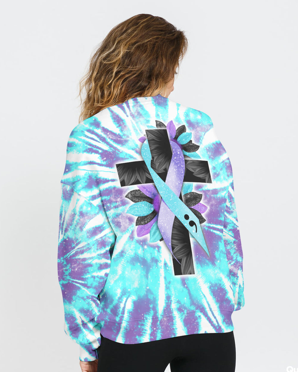 Faith Cross Sunflower Full Tie Dye Women's Suicide Prevention Awareness Sweatshirt