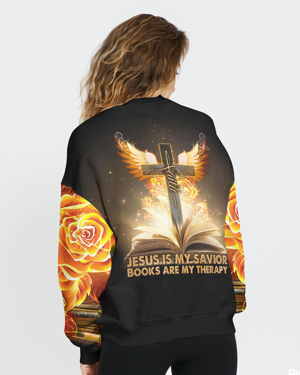 Jesus Is My Savior Books Are My Therapy Gold Faith Cross Women's Christian Sweatshirt