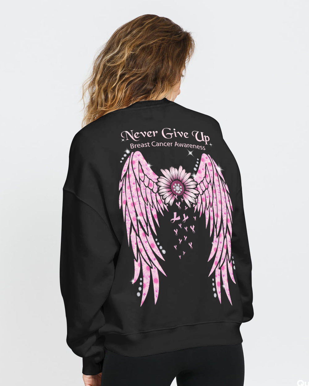 Never Give Up Pink Wings Daisy Women's Breast Cancer Awareness Sweatshirt