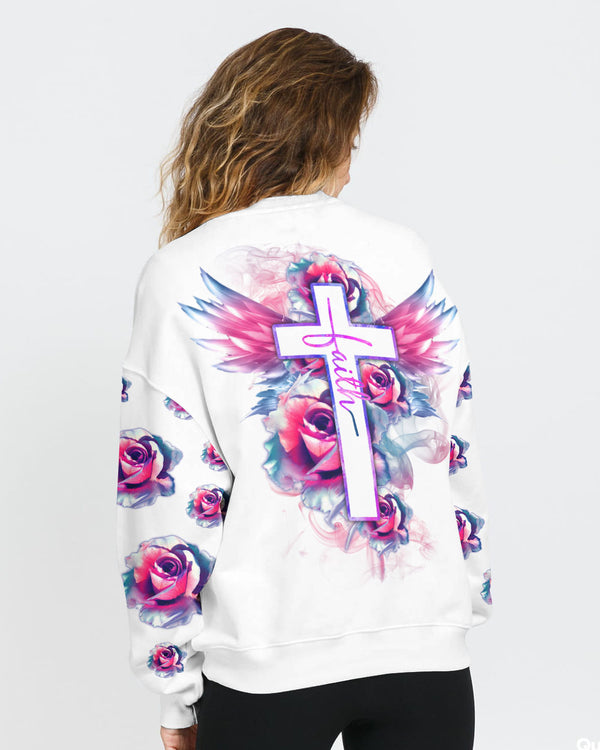 Watercolor Rose Faith Cross White Women's Christian Sweatshirt