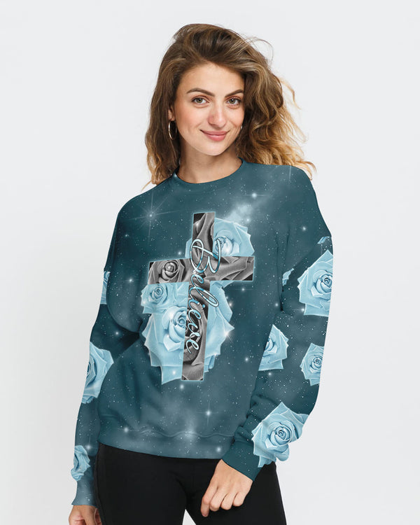 Believe Cross Blue Rose Women's Christian Sweatshirt