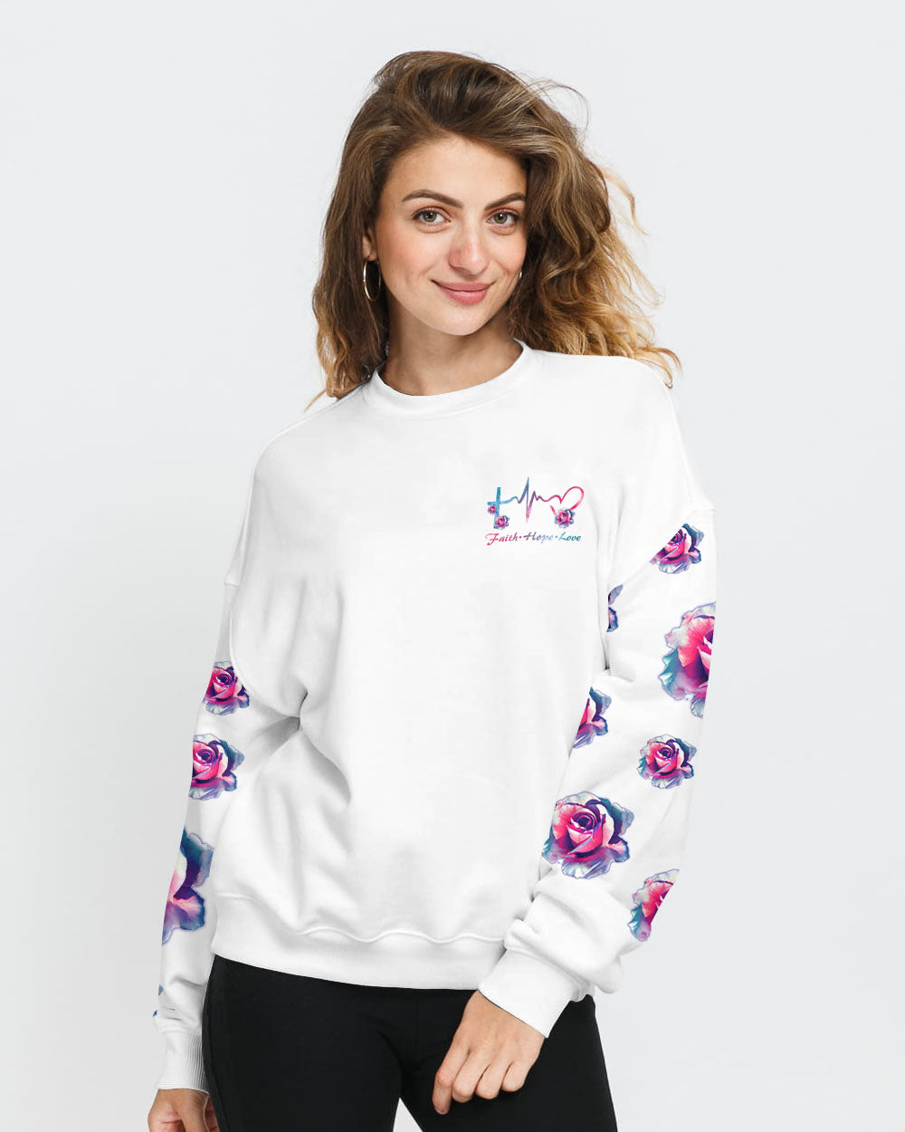 Watercolor Rose Faith Cross White Women's Christian Sweatshirt