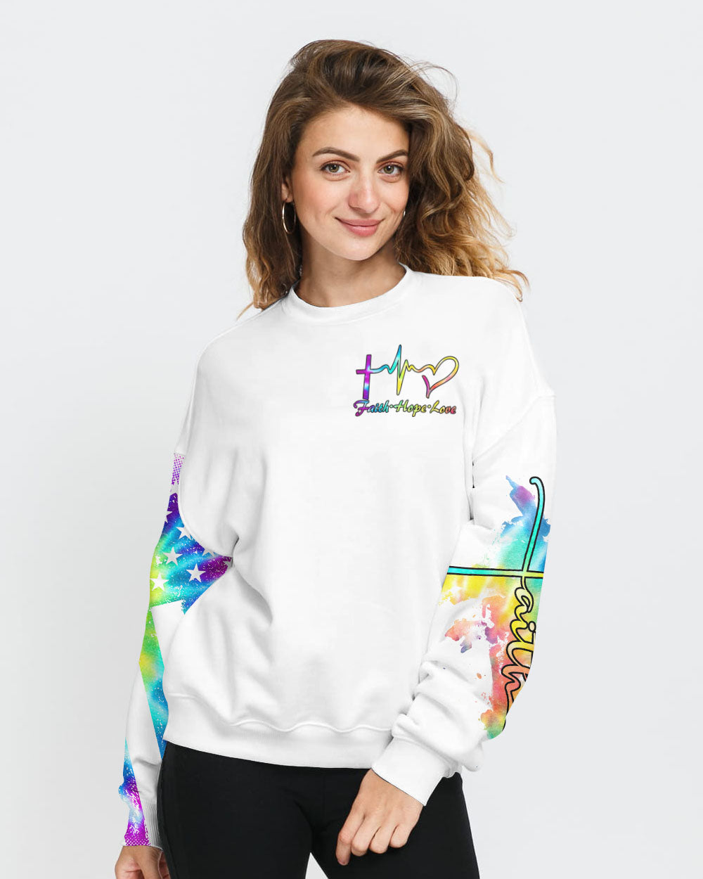 White Faith Cross Wings Colorful Watercolor Women's Christian Sweatshirt