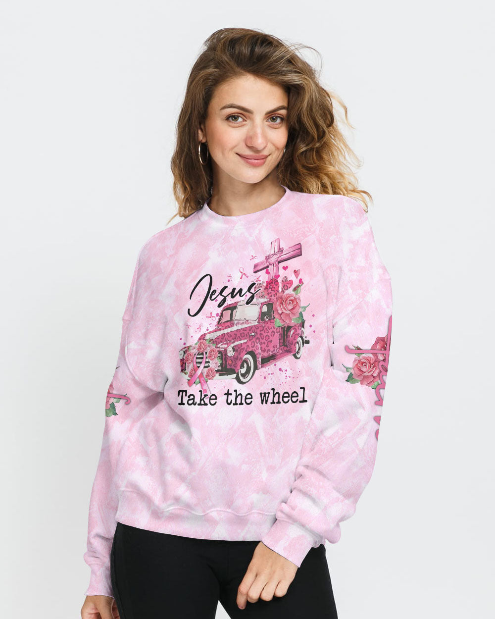 Jesus Take The Wheel Women's Breast Cancer Awareness Sweatshirt