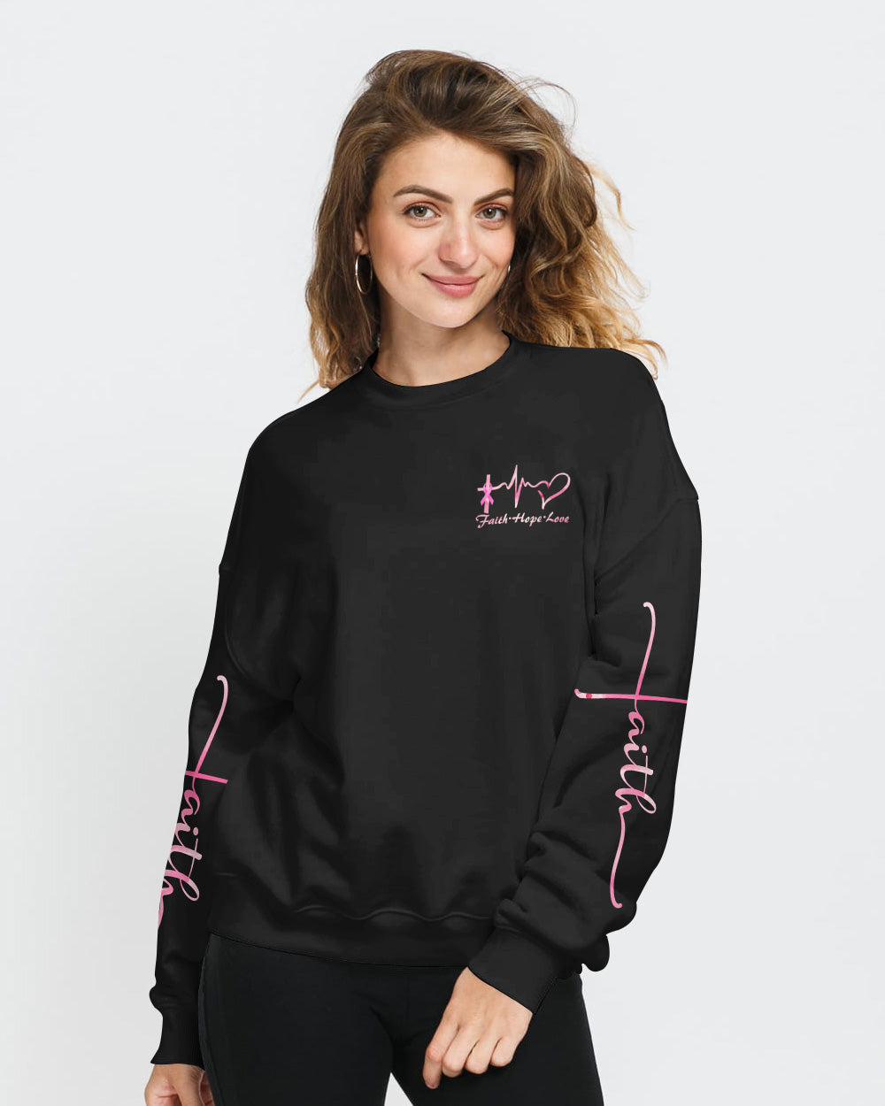 I Can Do All Things Through Christ Pink Wings Cross Ribbon Women's Breast Cancer Awareness Sweatshirt