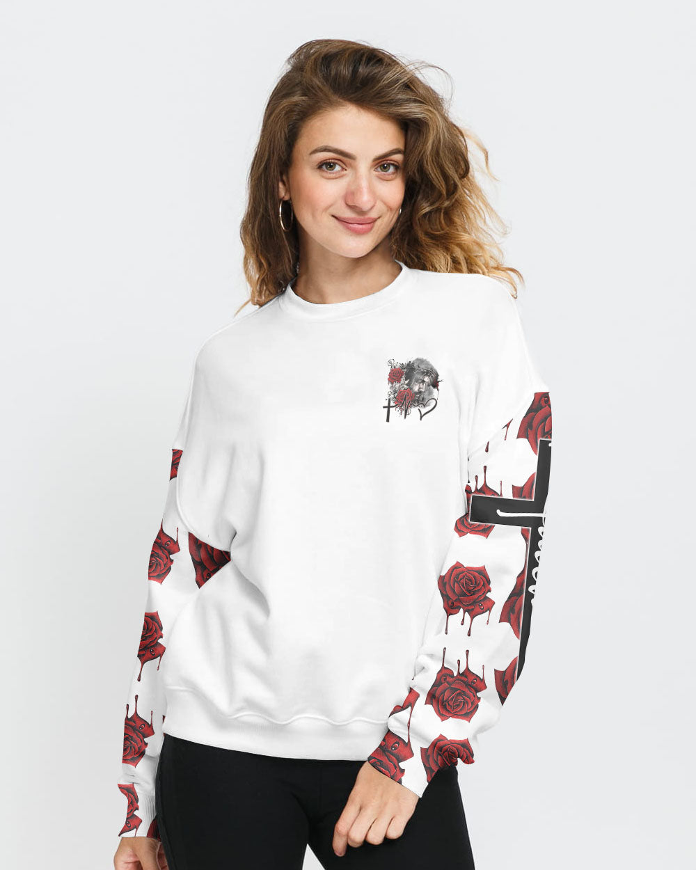 Faith Jesus Rose Watercolor Women's Christian Sweatshirt