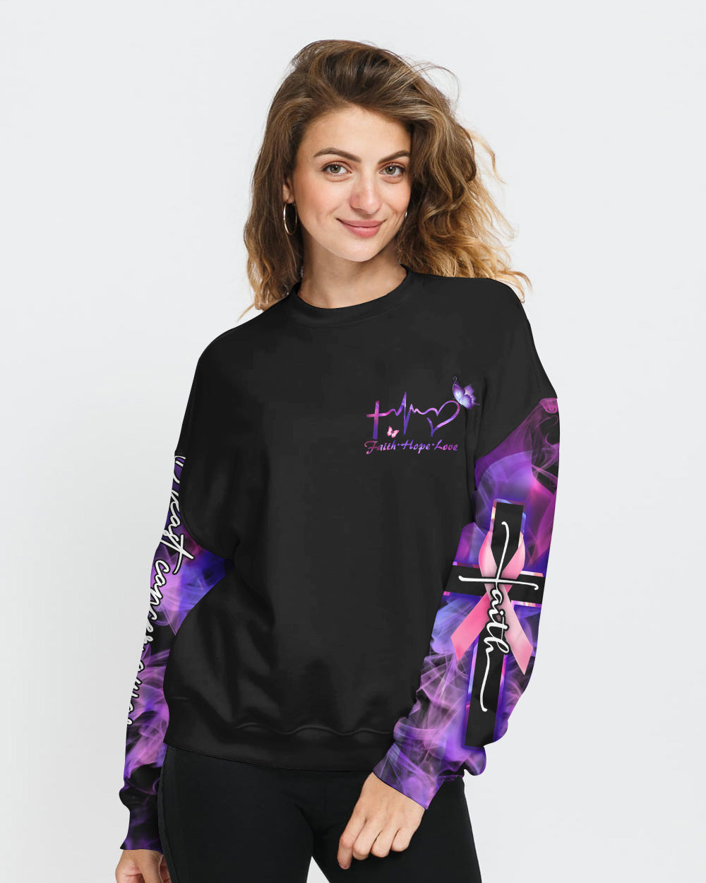 Faith Fire Heart Butterfly Smoke Women's Breast Cancer Awareness Sweatshirt