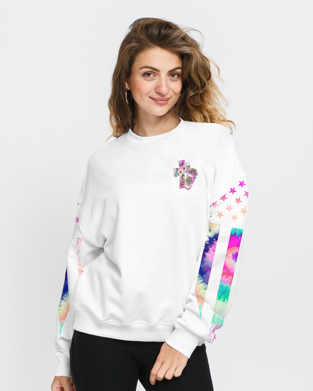 Coffee Gets Me Started Jesus Keeps Me Going Colorful Cross Faith Flag Tie Dye Women's Christian Sweatshirt