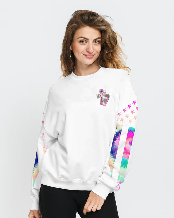Coffee Gets Me Started Jesus Keeps Me Going Colorful Cross Faith Flag Tie Dye Women's Christian Sweatshirt