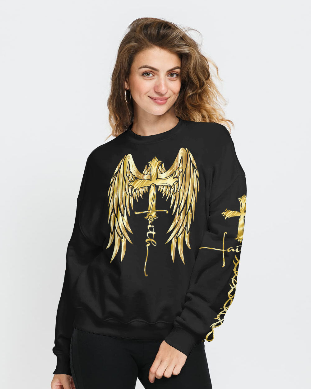 Gold Faith Wings Cross Women's Christian Sweatshirt