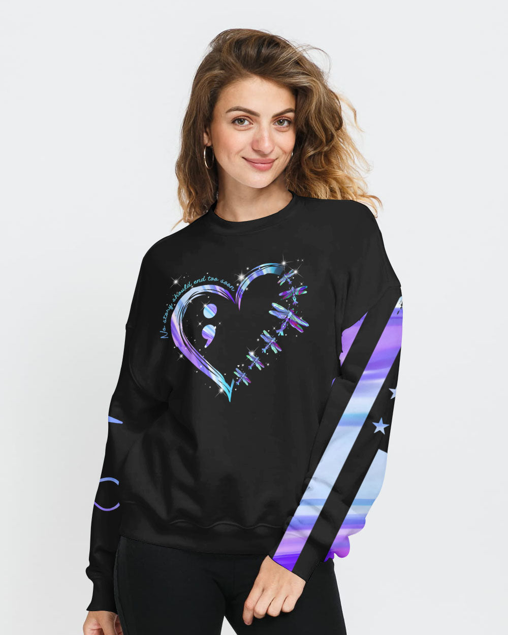 Dragonfly Fight Holographic Flag Women's Suicide Prevention Awareness Sweatshirt