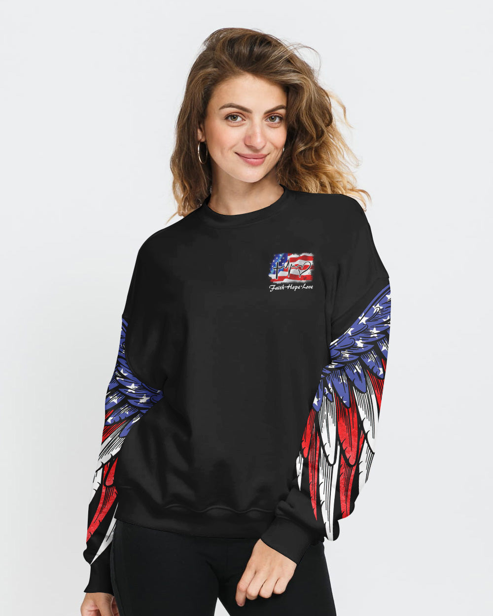 Stand For The Flag Kneel For The Cross American Flag Wings Arm Women's Christian Sweatshirt