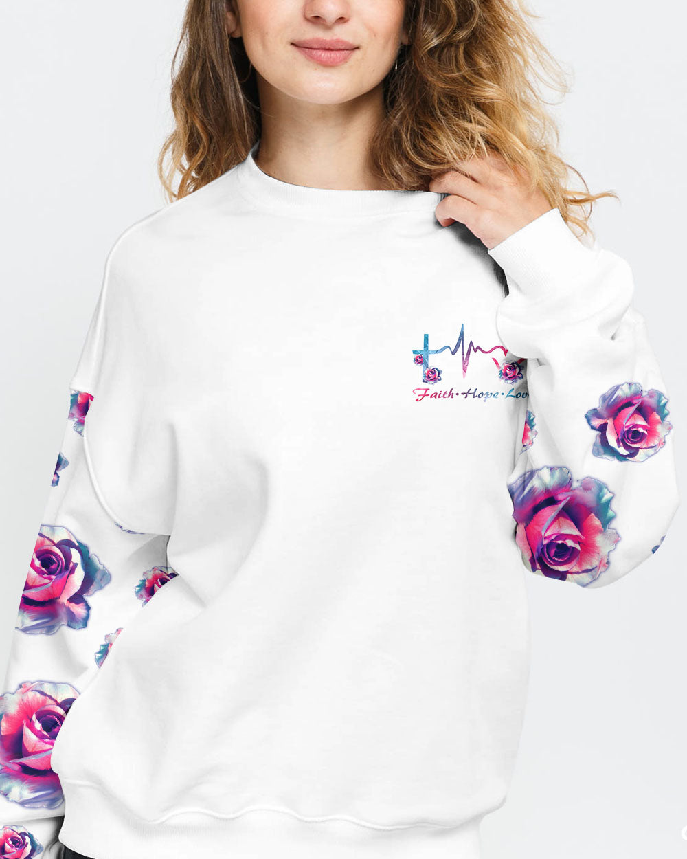 Watercolor Rose Faith Cross White Women's Christian Sweatshirt