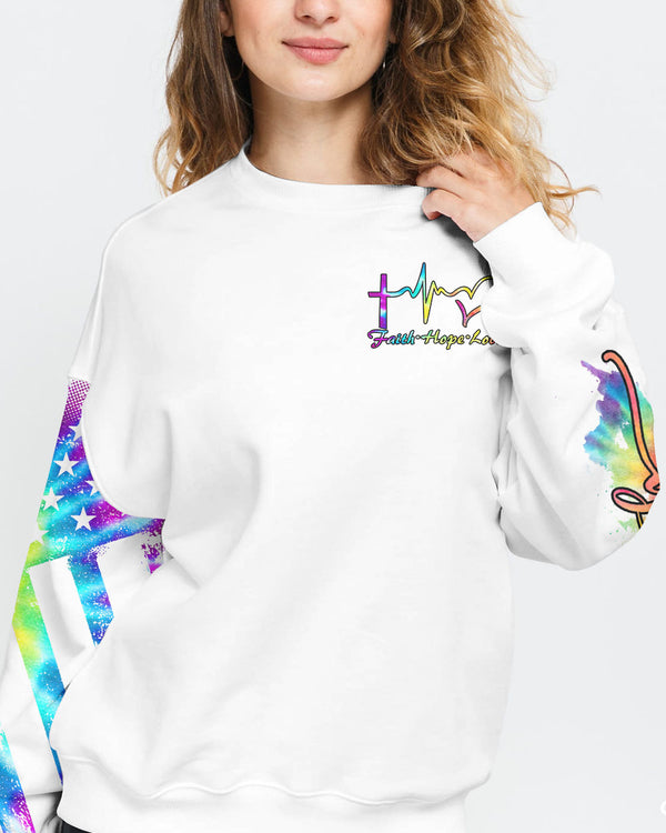 White Faith Cross Wings Colorful Watercolor Women's Christian Sweatshirt