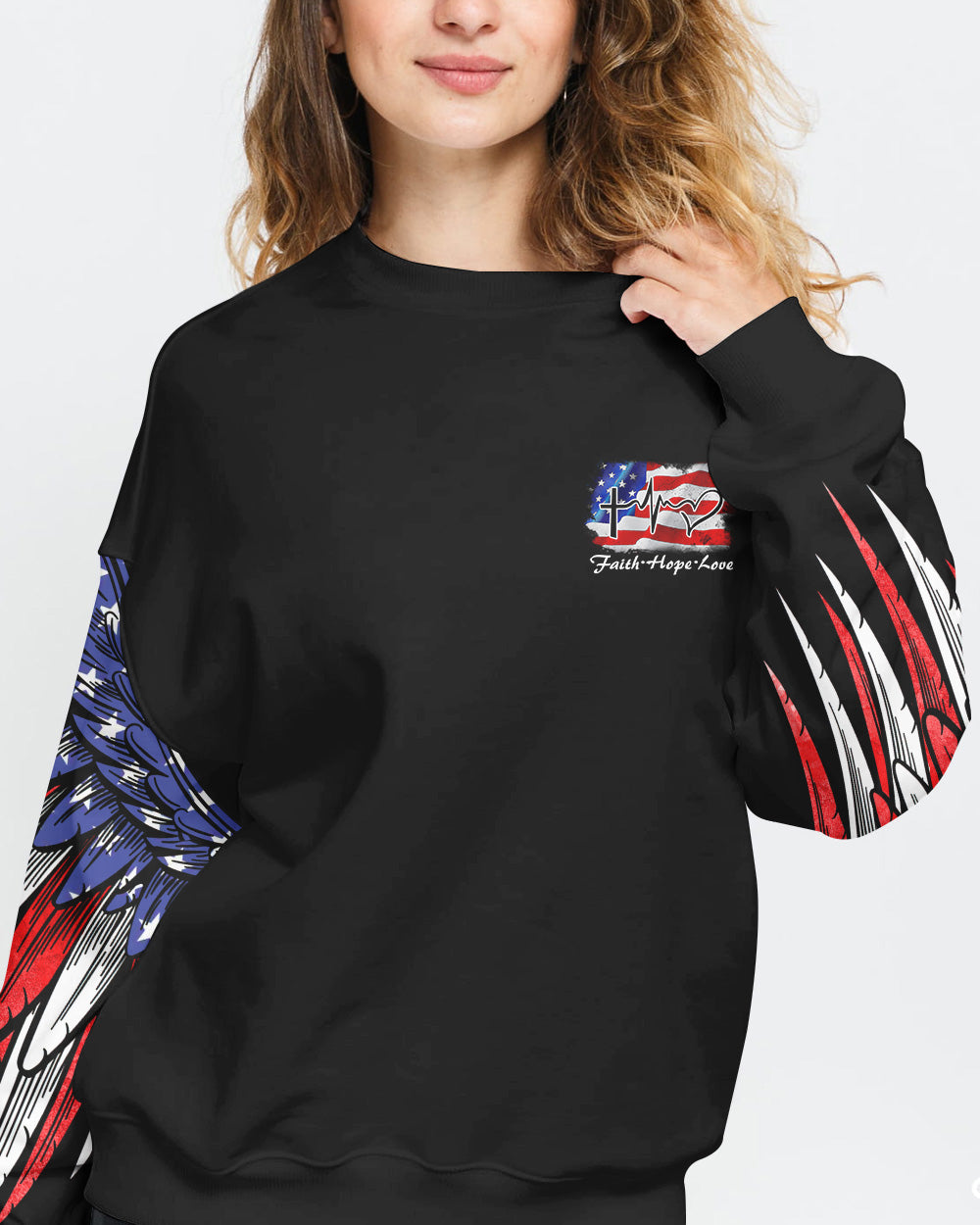 Stand For The Flag Kneel For The Cross American Flag Wings Arm Women's Christian Sweatshirt