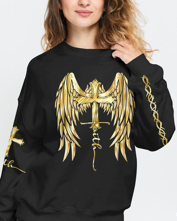 Gold Faith Wings Cross Women's Christian Sweatshirt