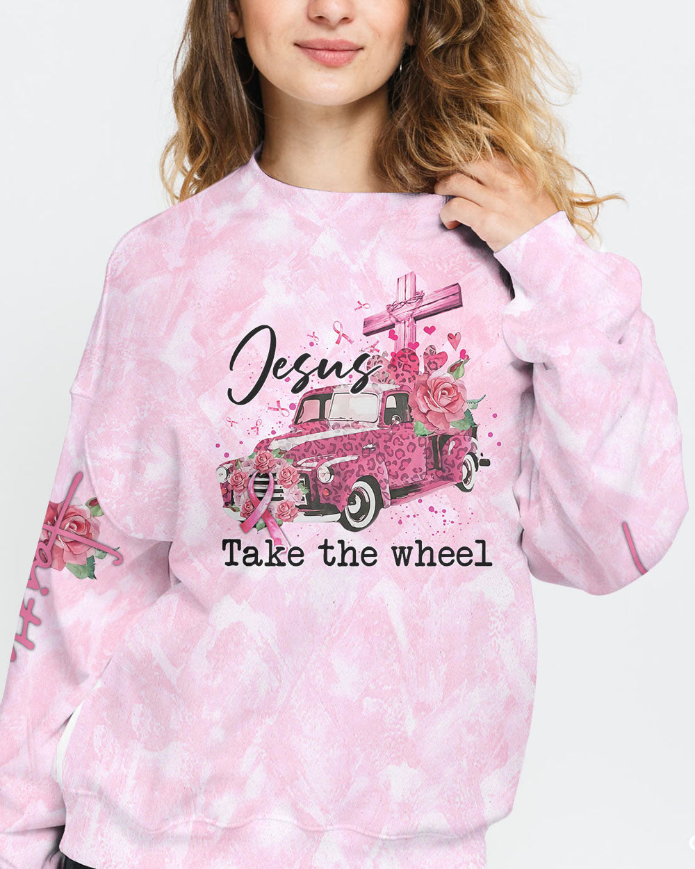 Jesus Take The Wheel Women's Breast Cancer Awareness Sweatshirt