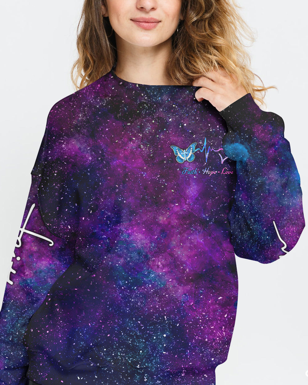 Faith Hope Love Galaxy Butterfly Cross Women's Christian Sweatshirt