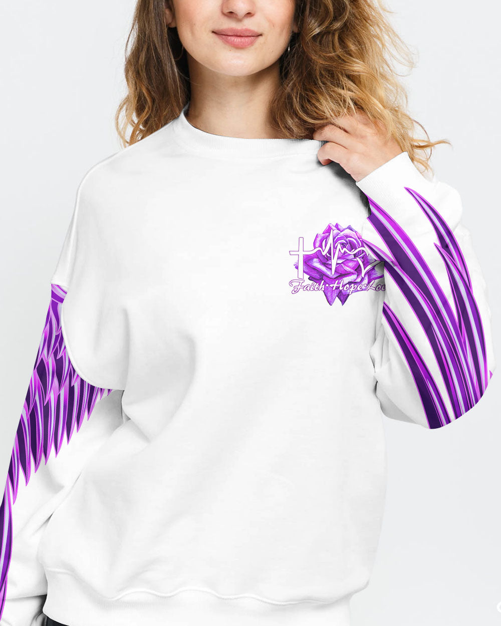 Faith Purple Rose Cross Butterfly Women's Christian Sweatshirt