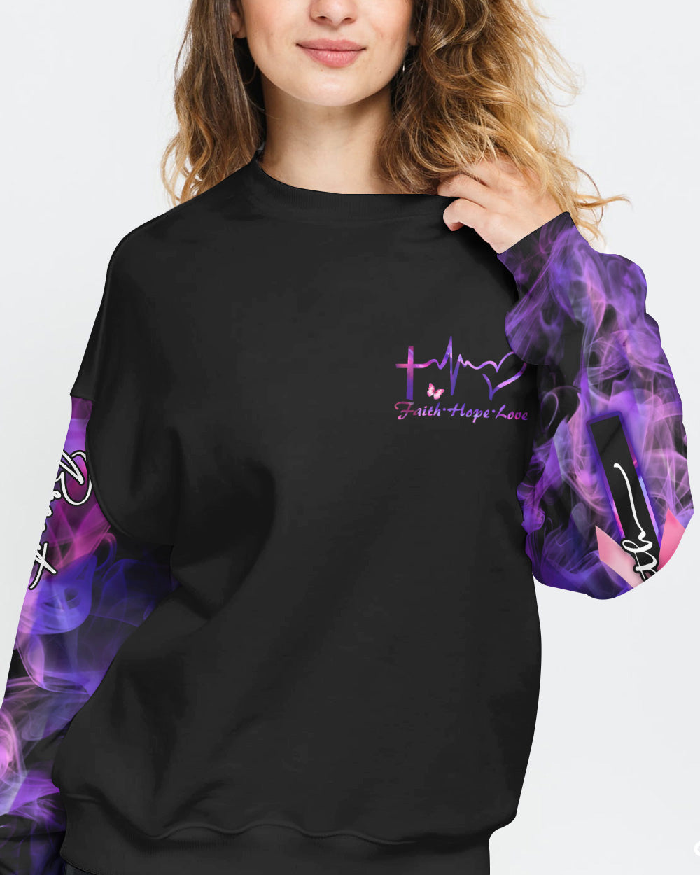 Faith Fire Heart Butterfly Smoke Women's Breast Cancer Awareness Sweatshirt