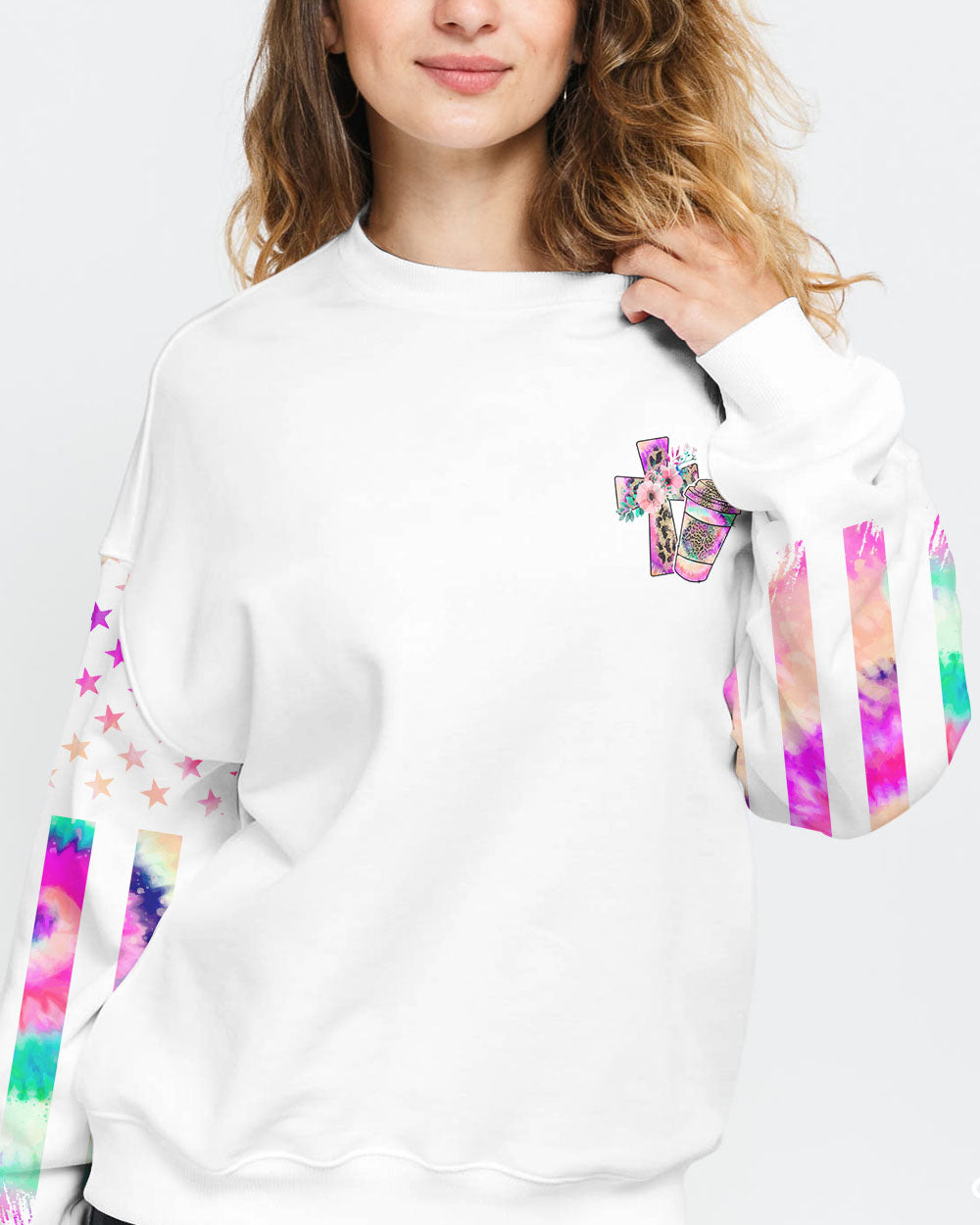 Coffee Gets Me Started Jesus Keeps Me Going Colorful Cross Faith Flag Tie Dye Women's Christian Sweatshirt