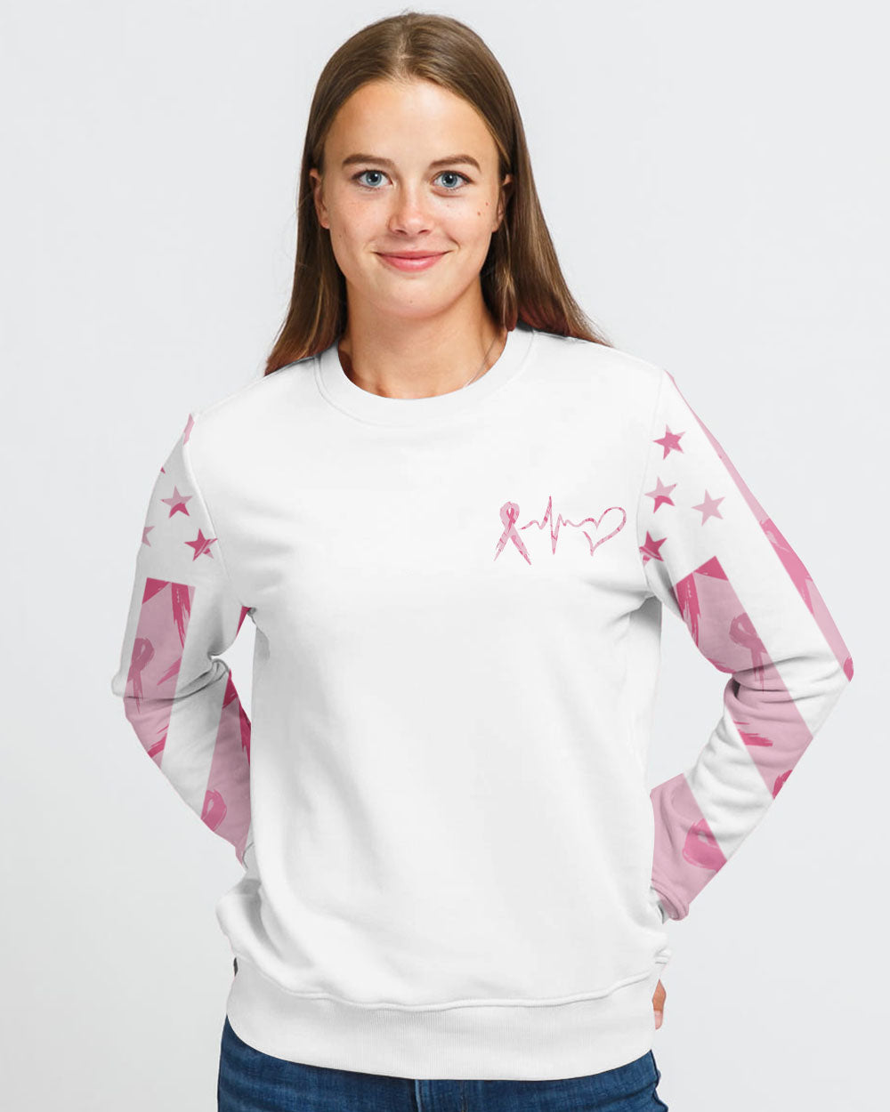 Pink Flag Ribbon Heart Beat Women's Breast Cancer Awareness Sweatshirt