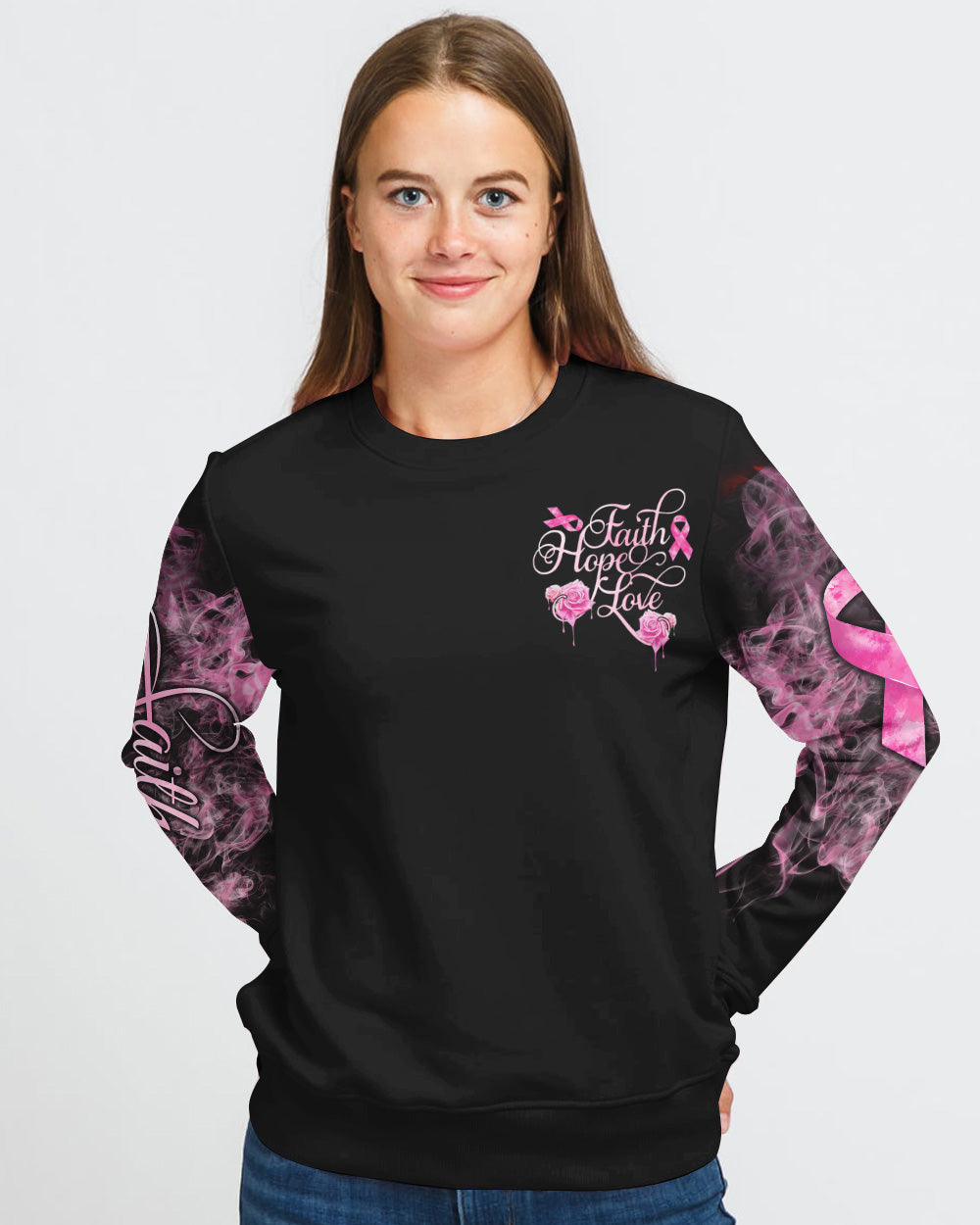 Strength Rose Cross Ribbon Women's Breast Cancer Awareness Sweatshirt
