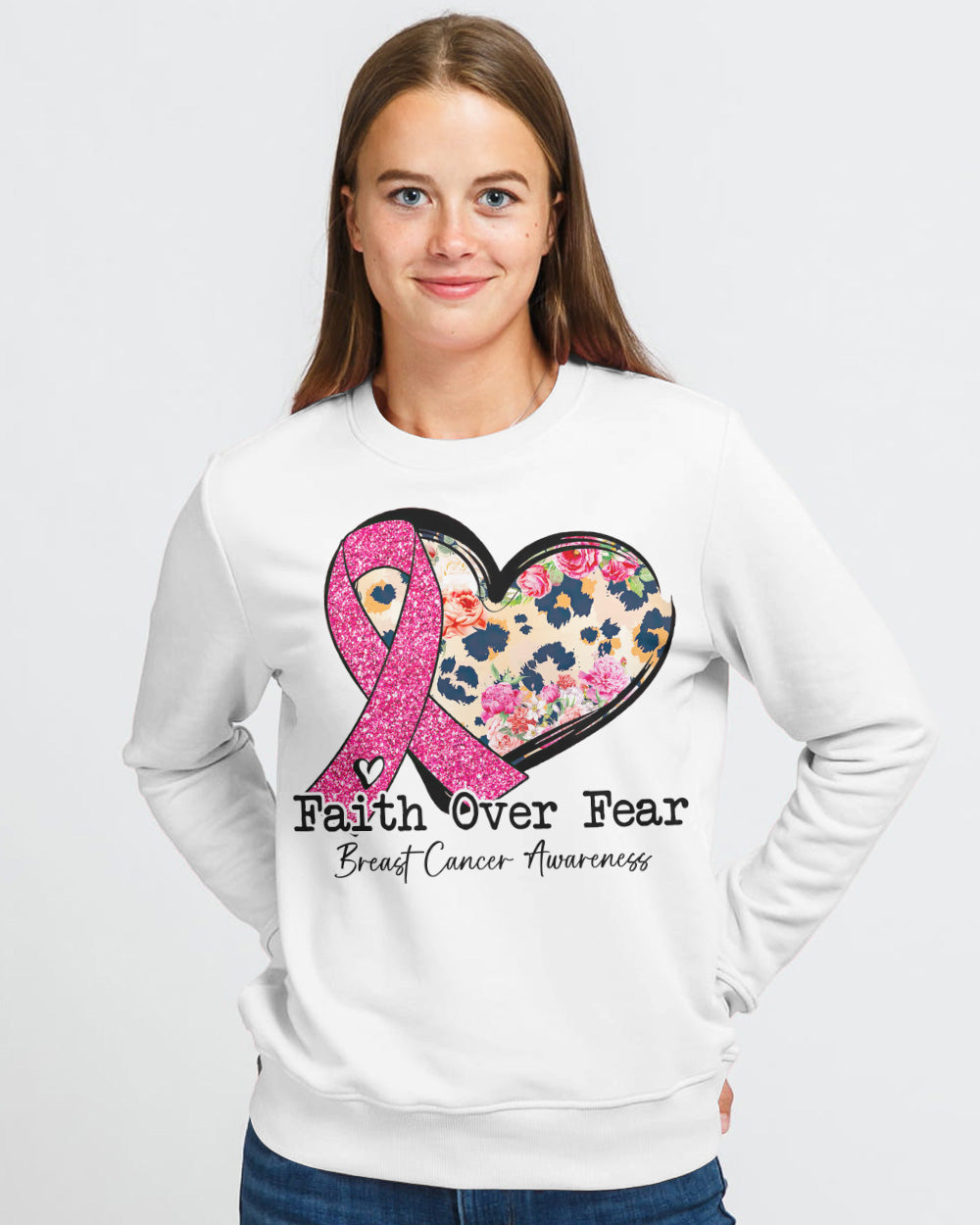 Faith Over Fear Heart Leopard Women's Breast Cancer Awareness Sweatshirt