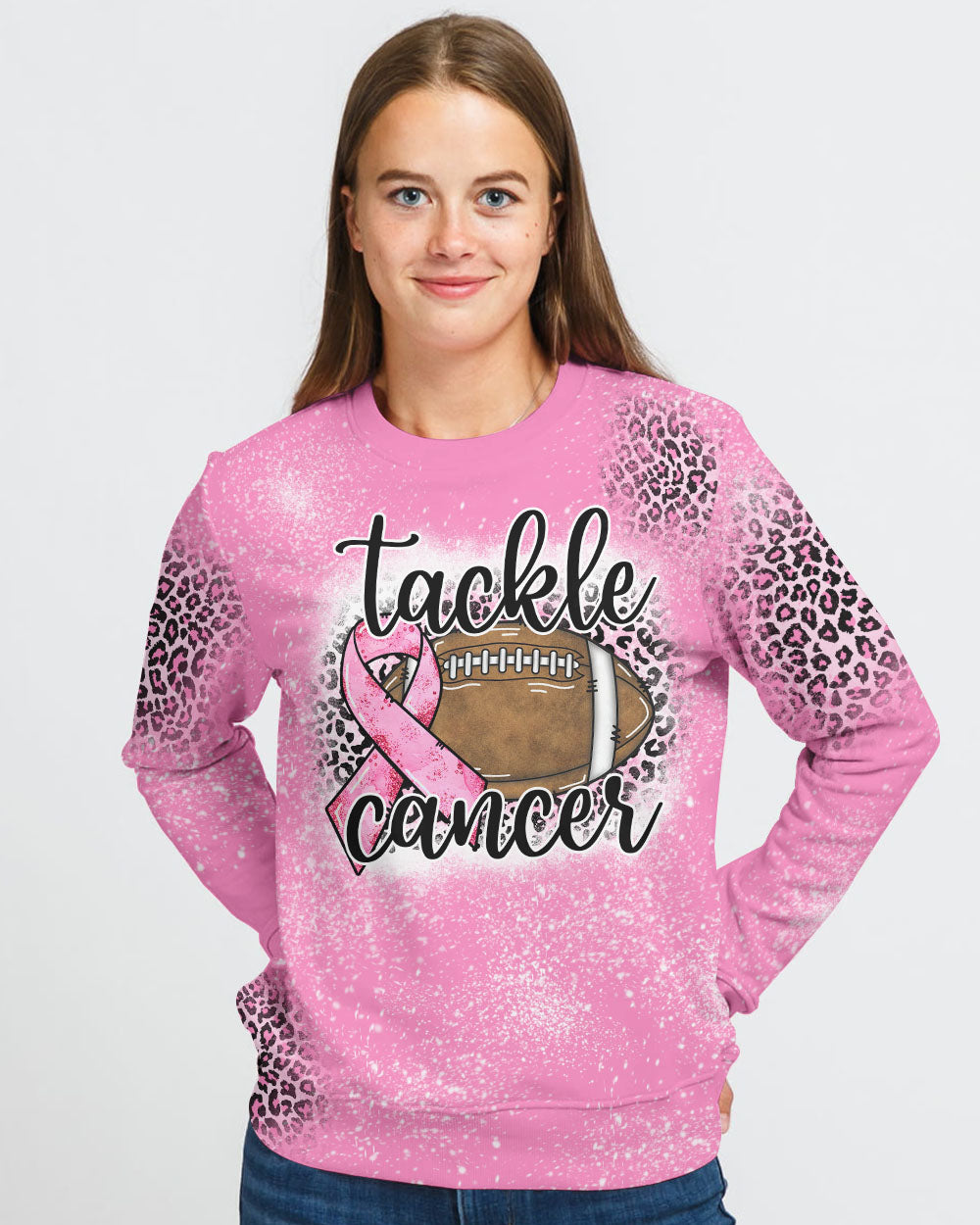 Pink Leopard Tackle Cancer Women's Breast Cancer Awareness Sweatshirt