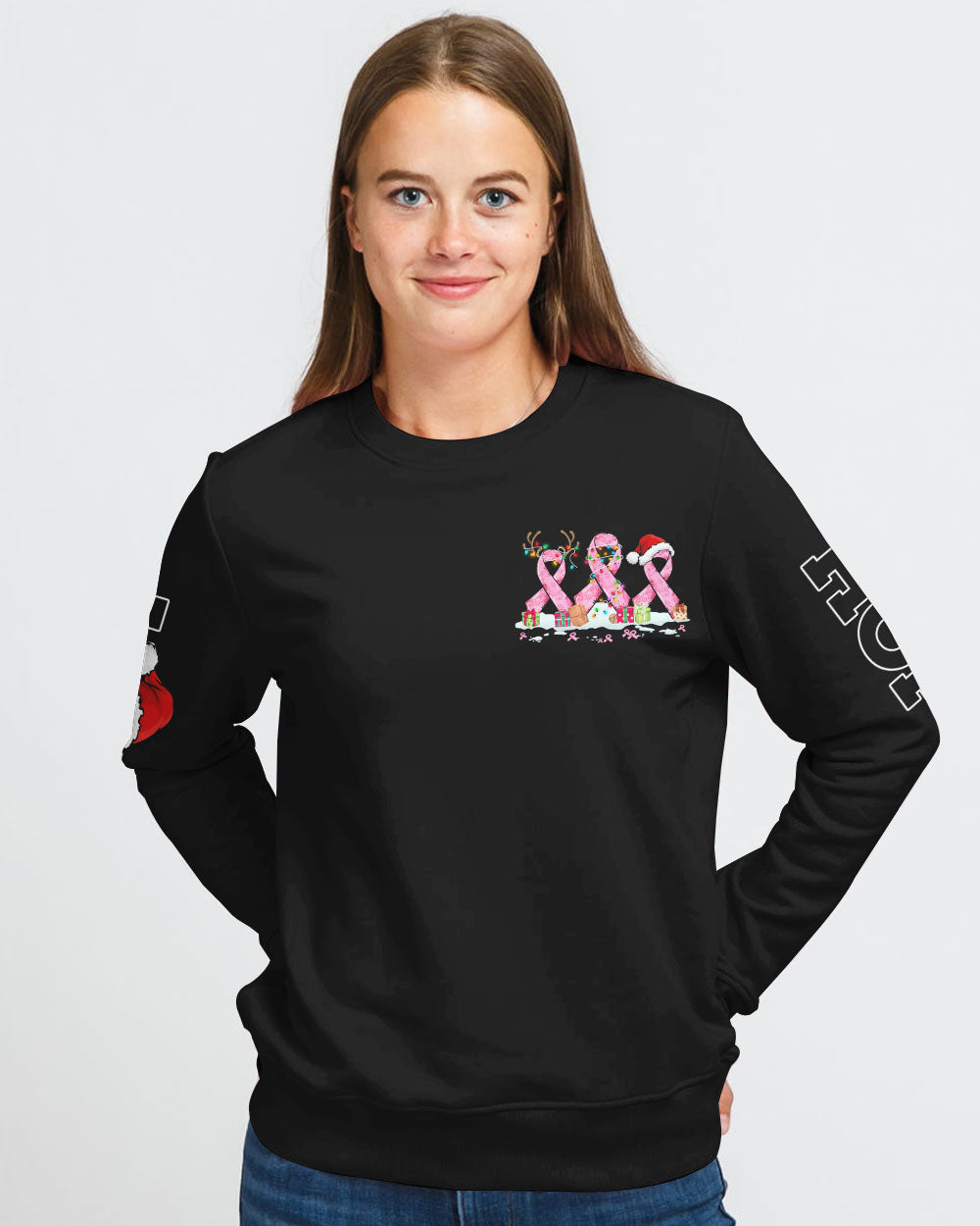 Hope For A Cure Ribbon Christmas Women's Breast Cancer Awareness Sweatshirt
