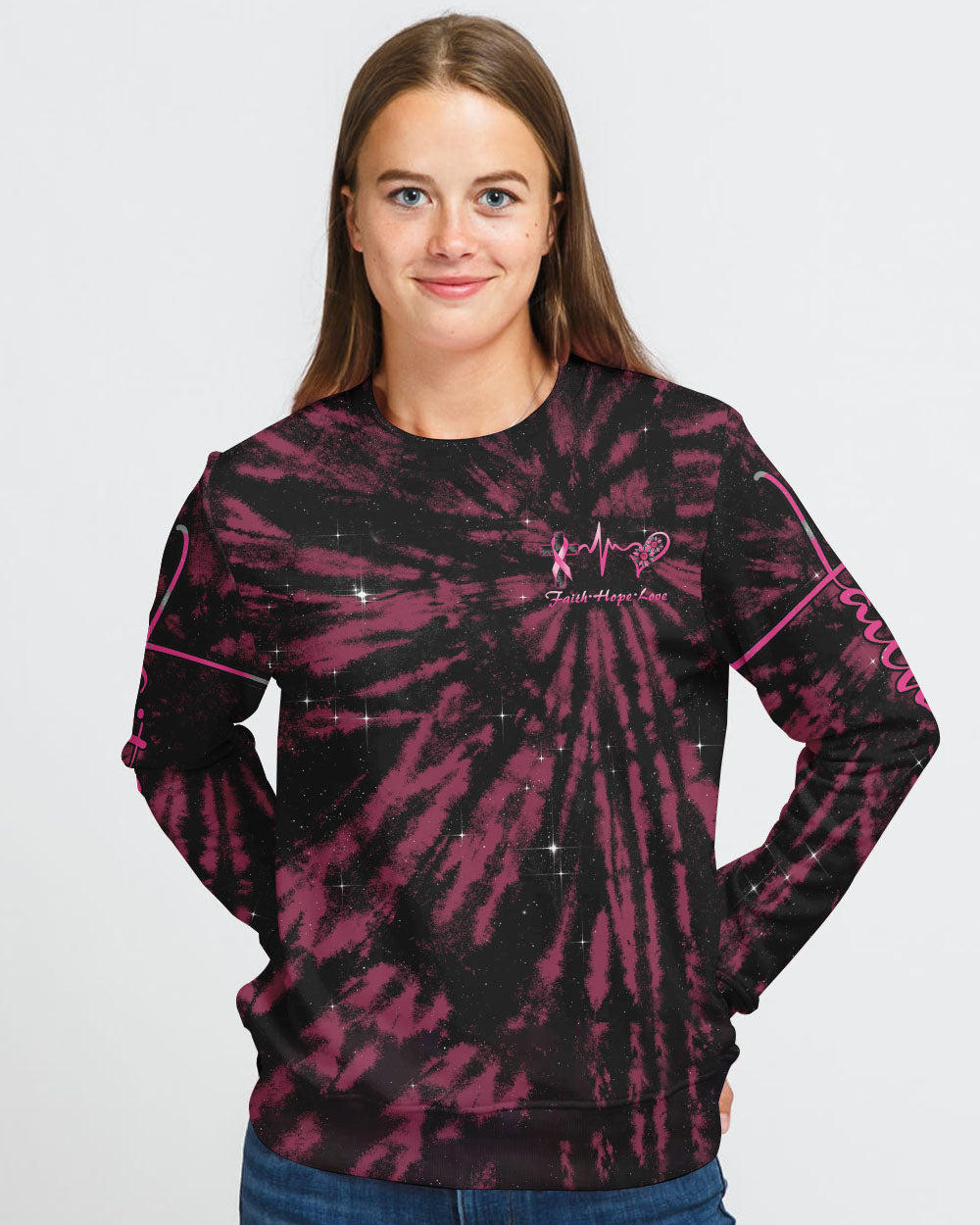Cross Wing Sunflower Tie Dye Pink Ribbon Women's Breast Cancer Awareness Sweatshirt