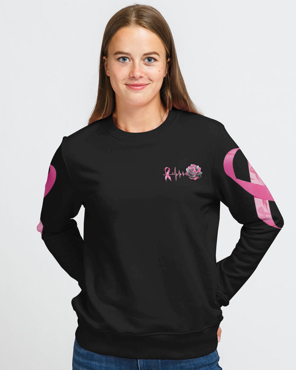 Pink Rose Ribbon Flag Women's Breast Cancer Awareness Sweatshirt